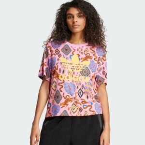 Adidas x FARM Rio Trefoil Tee Women L Pink Tropical Snake Graphic Streetwear